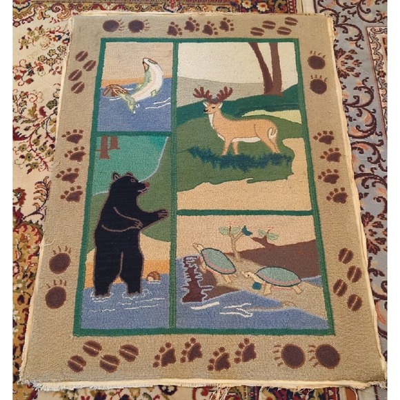 Vintage Handmade Adirondack Needle Point Rug Textile Sportsman Lake George NY